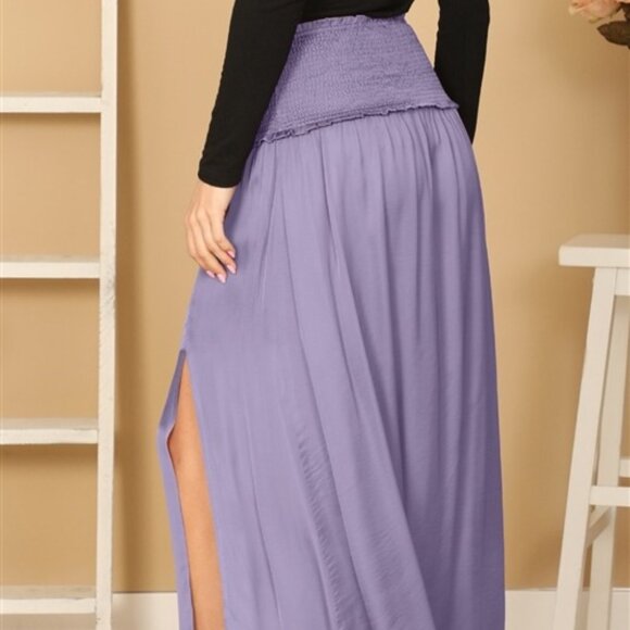 OLIVACEOUS Purple Smocked Waist Thigh High Split Medium Soft Satiny Midi/Maxi - Picture 4 of 8